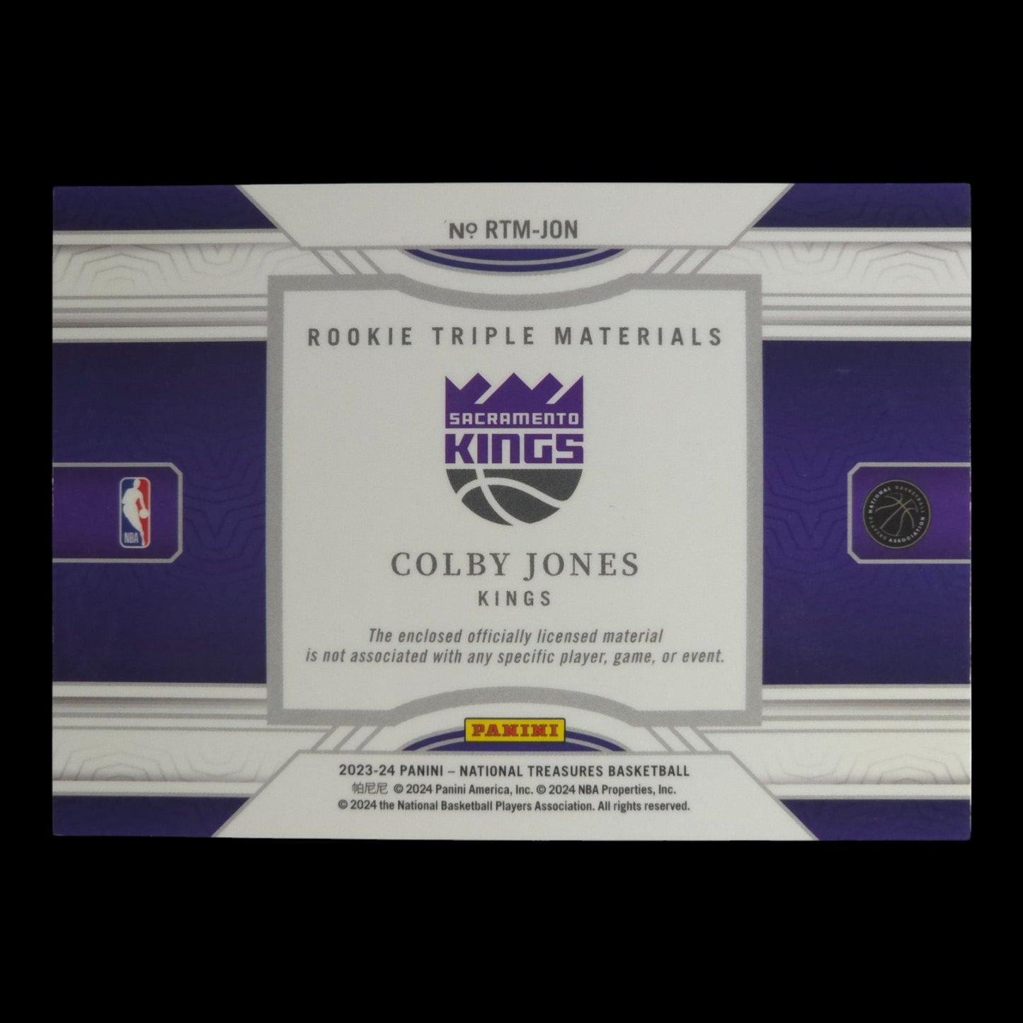 2023-24 COLBY JONES Rookie Triple Materials 87/99 National Treasures Kings RTM-JON