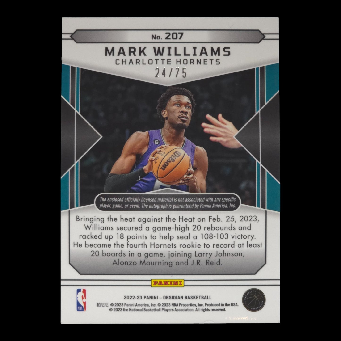 2022-23 MARK WILLIAMS RPA 24/75 Obsidian Hornets #207