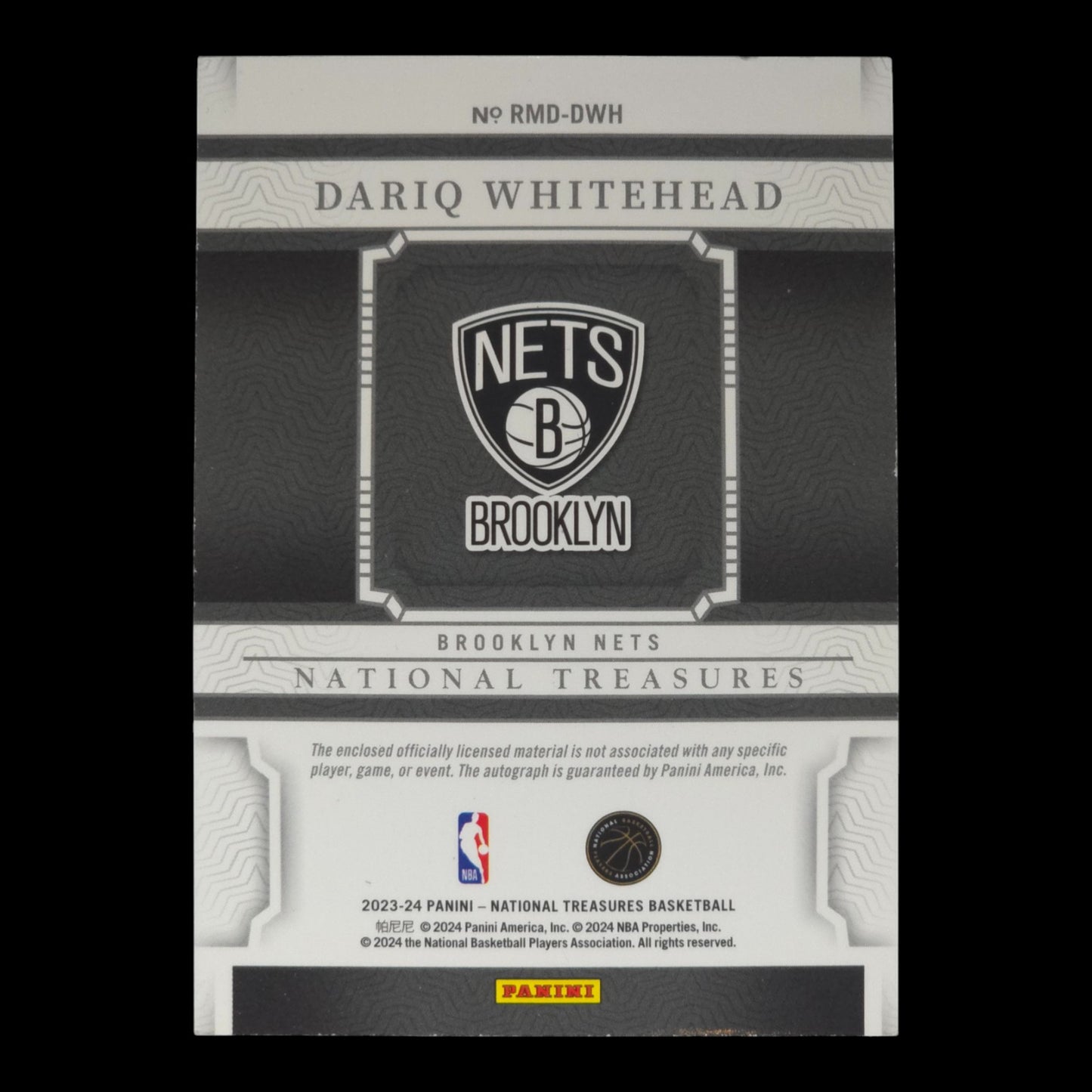 2023-24 DARIQ WHITEHEAD RPA 16/99 On Card Auto National Treasures Nets RMD-DWH