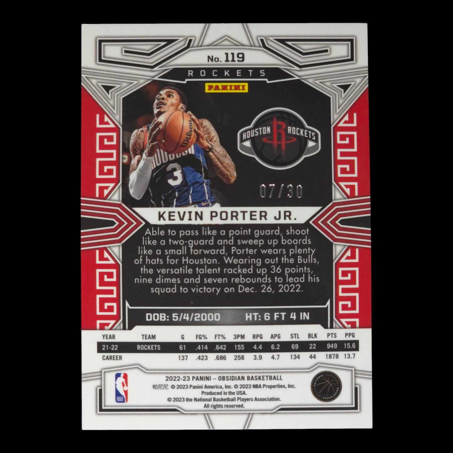 2022-23 KEVIN PORTER JR. Blue Etch 7/30 Obsidian Rockets #119