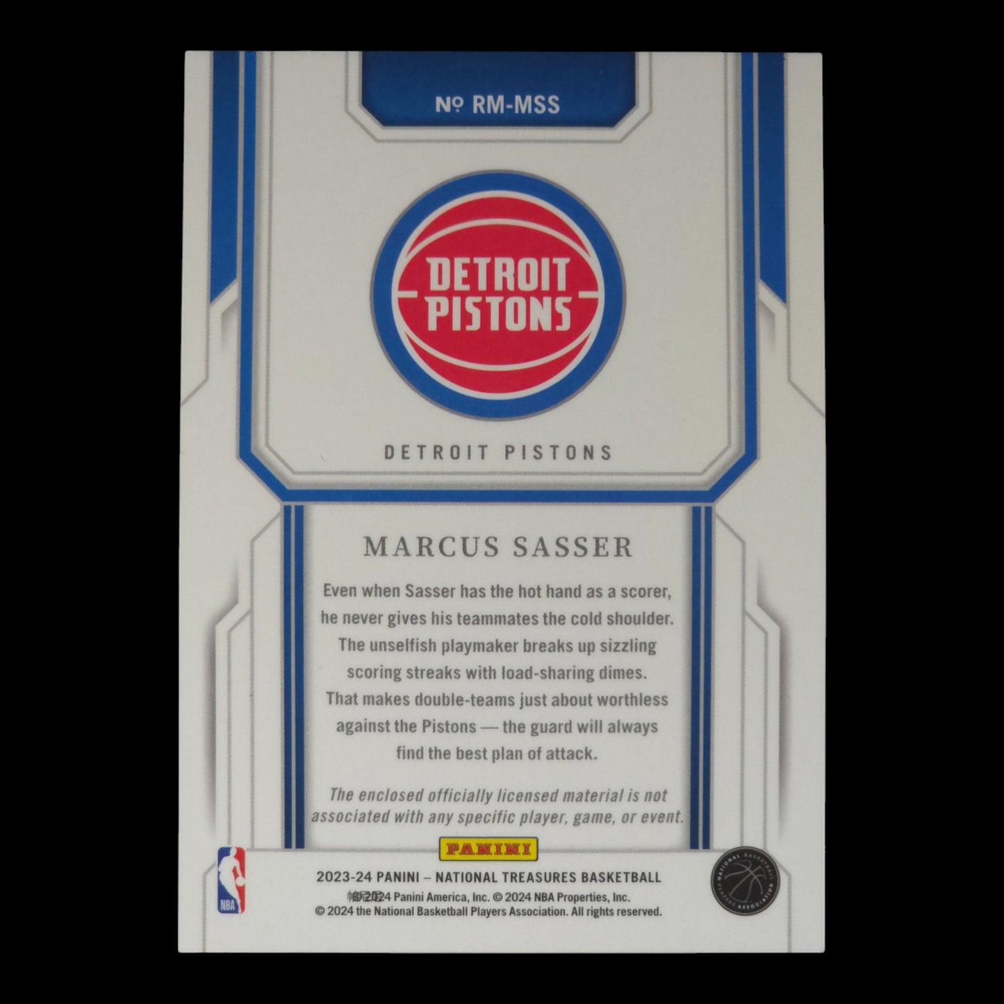 2023-24 MARCUSS SASSER Rookie Materials 43/99 National Treasures Pistons RM-MSS