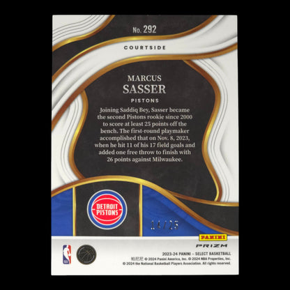 2023-24 MARCUSS SASSER COURTSIDE Rookie Disco 14/25 Select Pistons #292