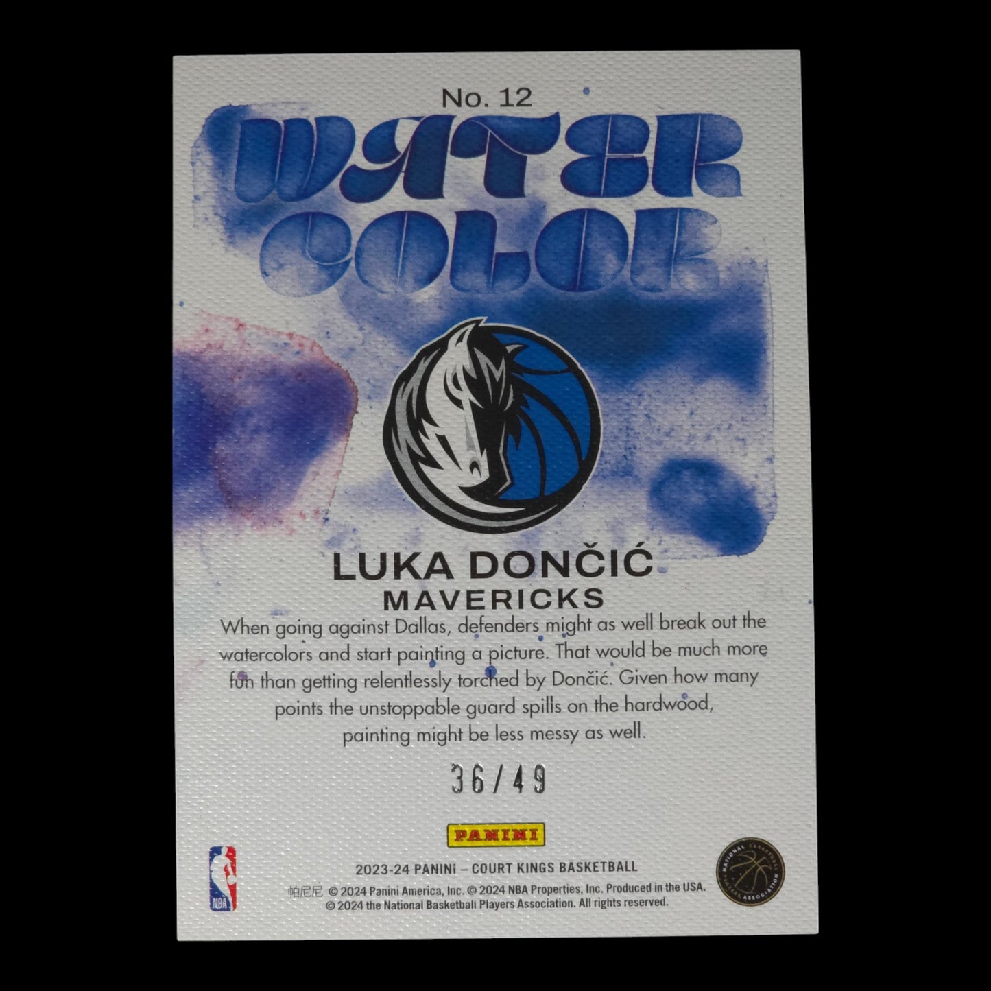 2023-24 LUKA DONCIC Water Color Violet 36/49 Court Kings Mavericks #12