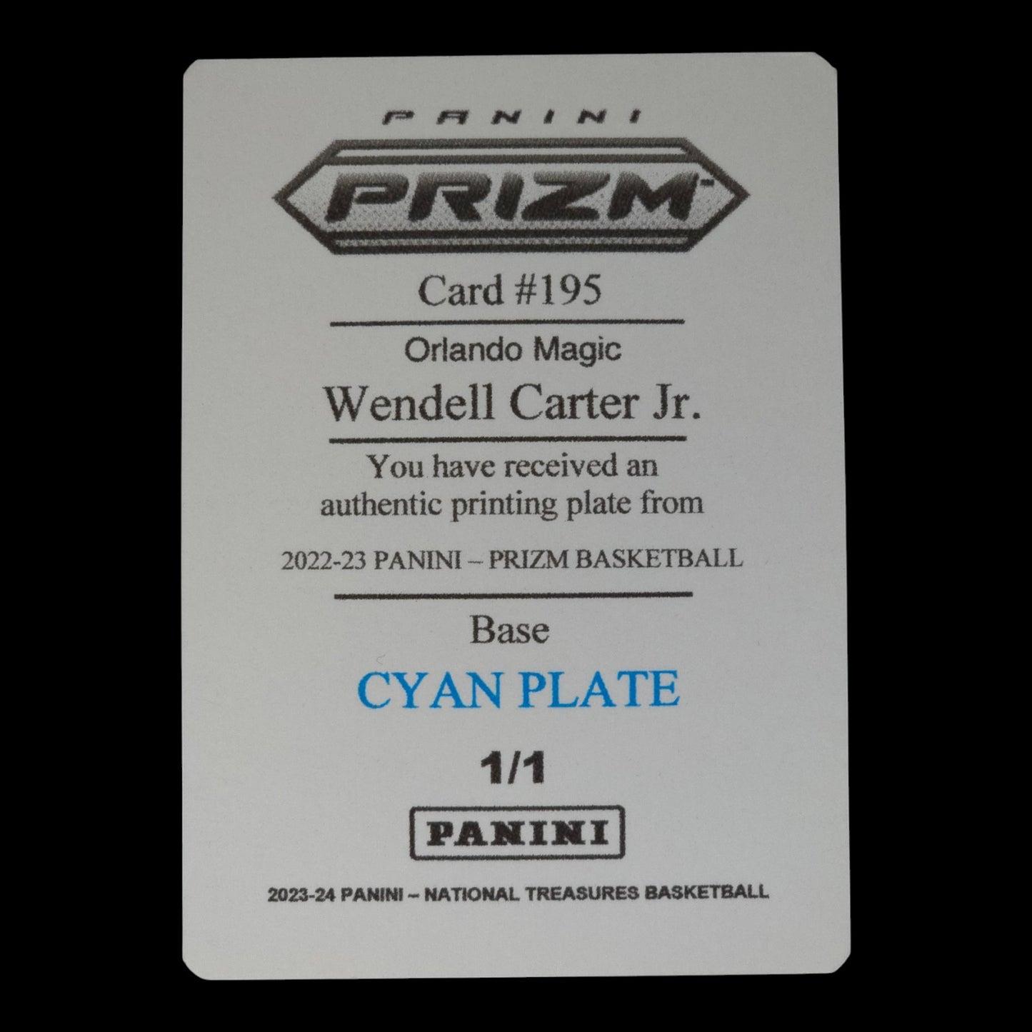 2023-24 WENDELL CARTER JR. Cyan Printing Plate 1/1 Prizm Magic #195
