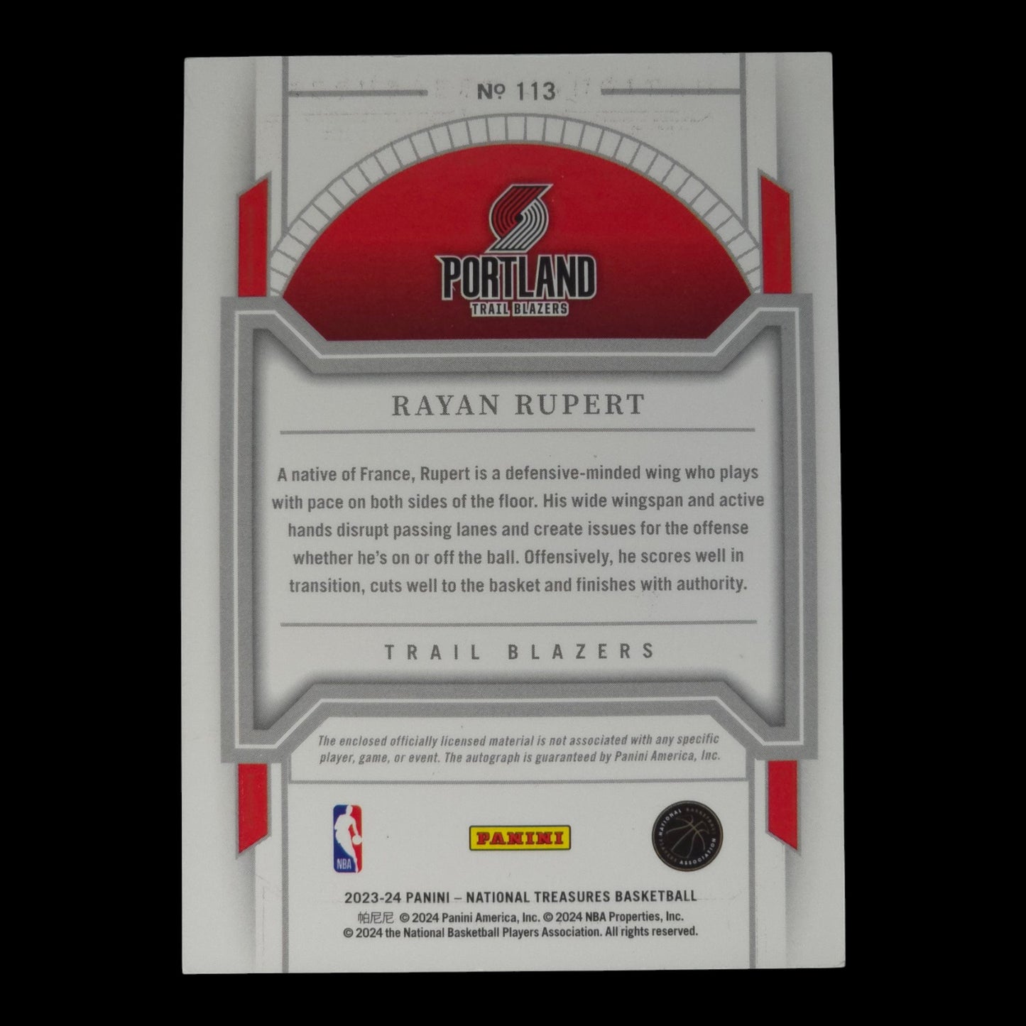 2023-24 RAYAN RUPERT RPA On card Auto 26/75 National Treasures Blazers #113