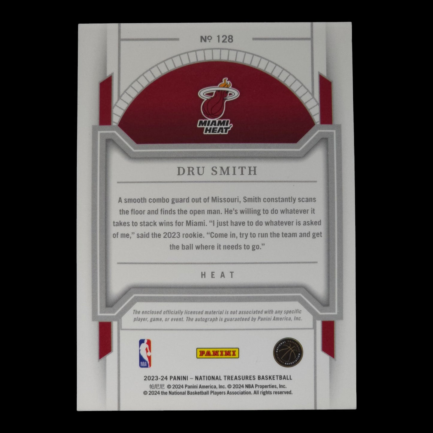 2023-24 DRU SMITH RPA On Card Auto 6/49 National Treasures Heat #128