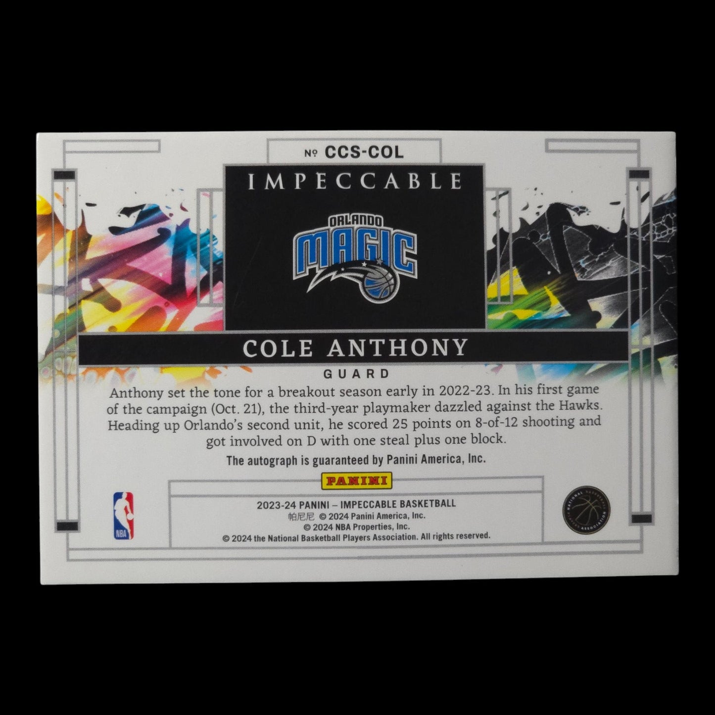 2023-24 COLE ANTHONY Canvas Creations Int Red Auto 8/8 Impeccable CCS-COL