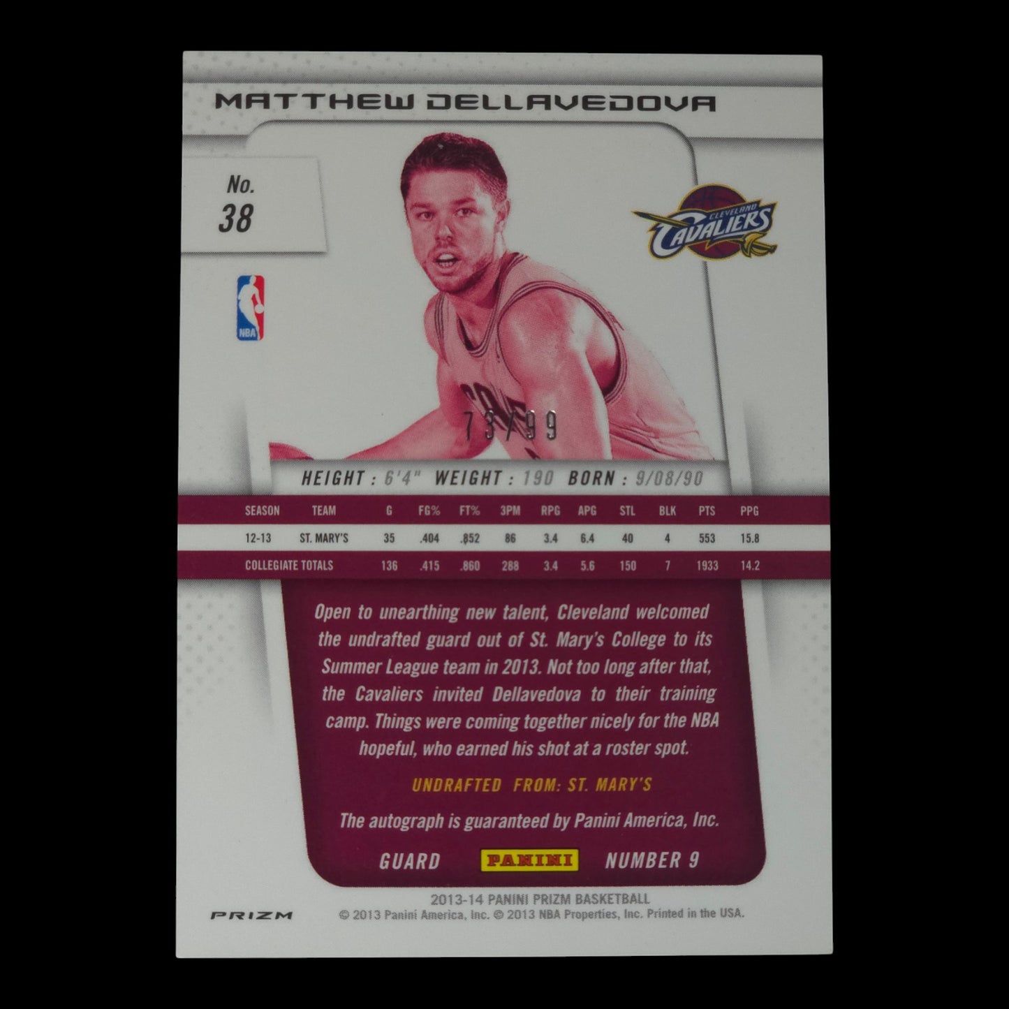 2013-14 MATTHEW DELLAVEDOVA Rookie Prizm Deca Signatures 73/99 Cavaliers #38