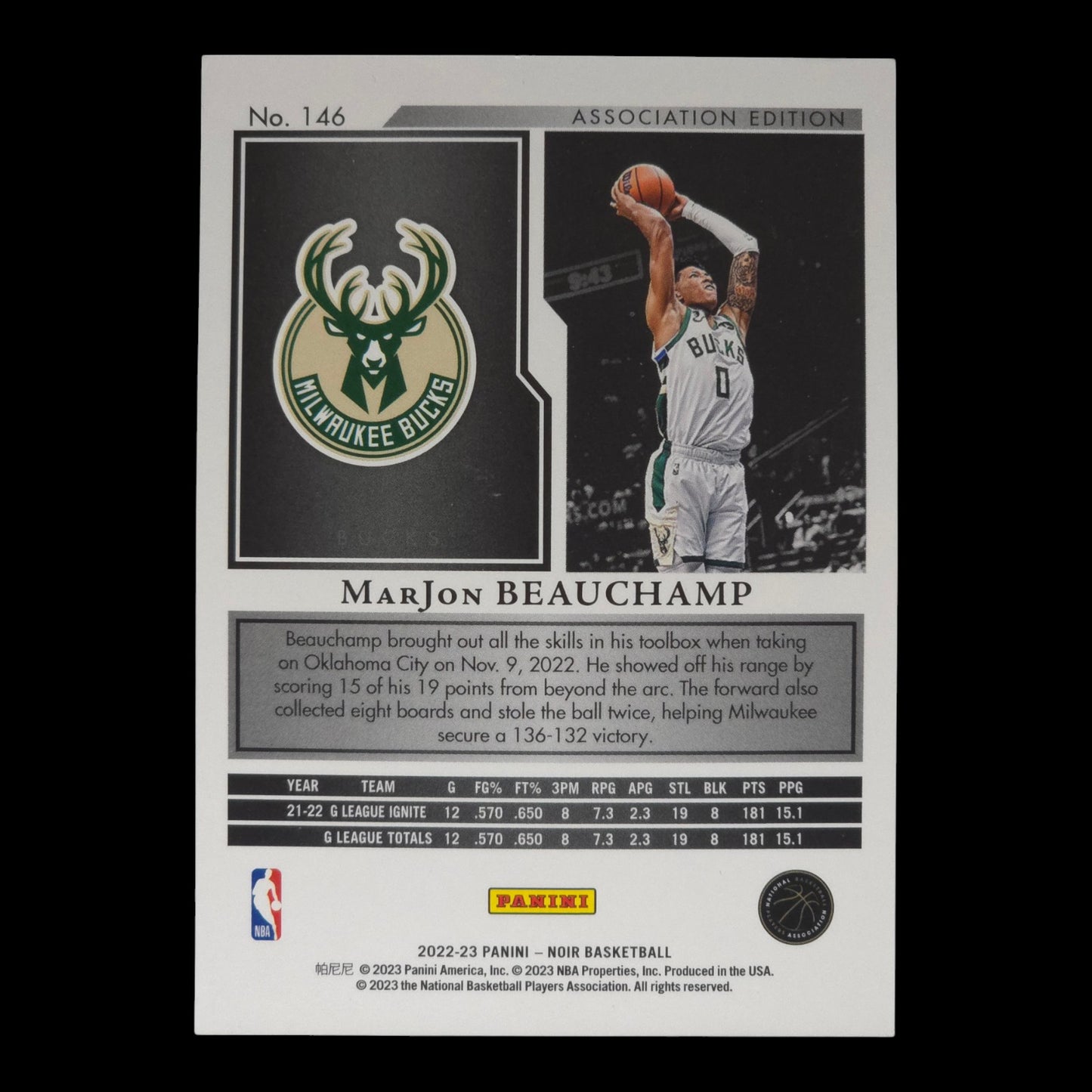 2022-23 MarJon Beauchamp Gold Rookie 3/10 Noir Bucks #146