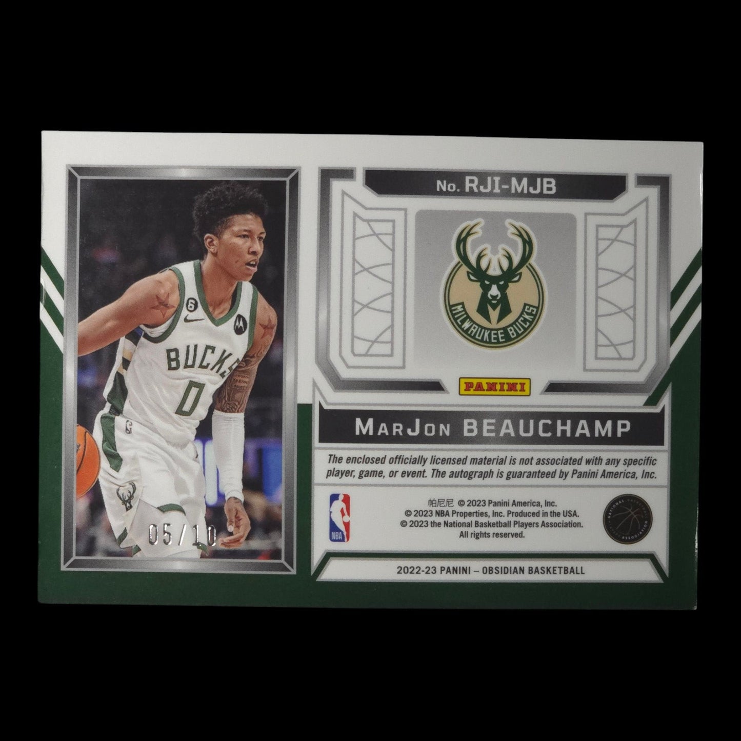 2022-23 MarJon Beauchamp Ink RPA Gold 5/10 Obsidian Bucks RJI-MJB