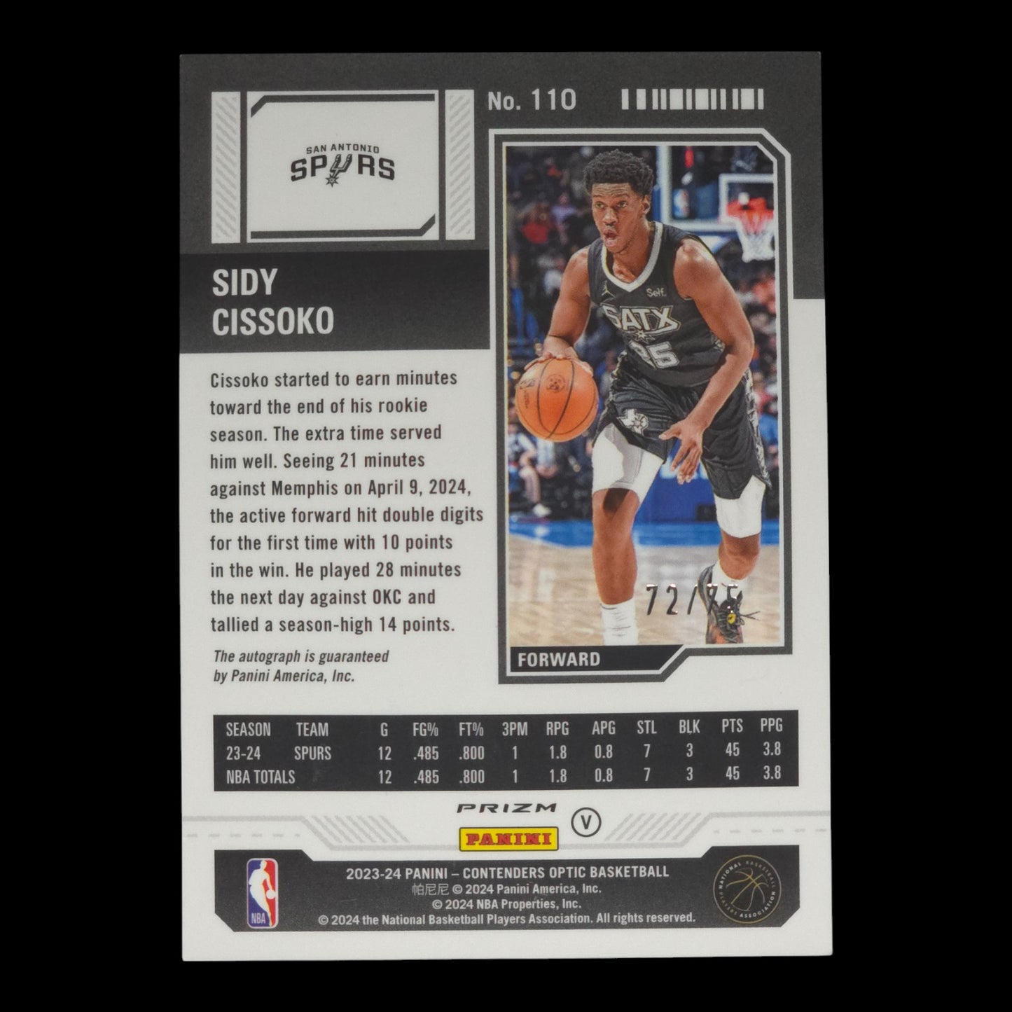2023-24 SIDY CISSOKO Playoff Ticket Green 72/75 Contenders Spurs #110