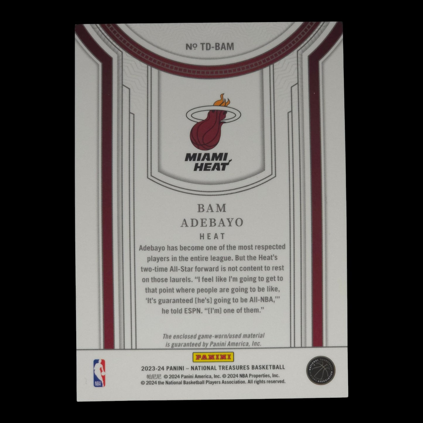 2023-24 BAM ADEBAYO Treasured Threads 57/99 National Treasures TD-BAM