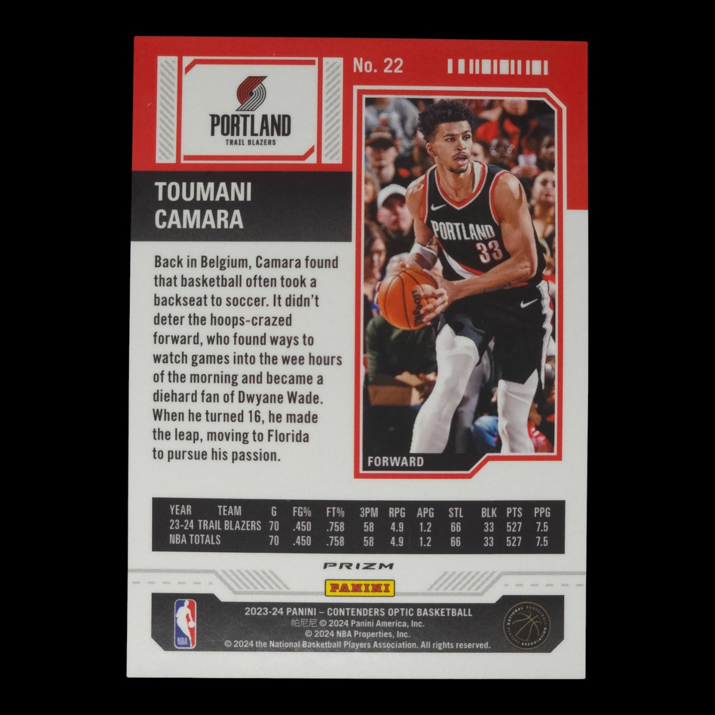 2023-24 TOUMANI CAMARA Rookie Ticket Red Contenders Blazers #22