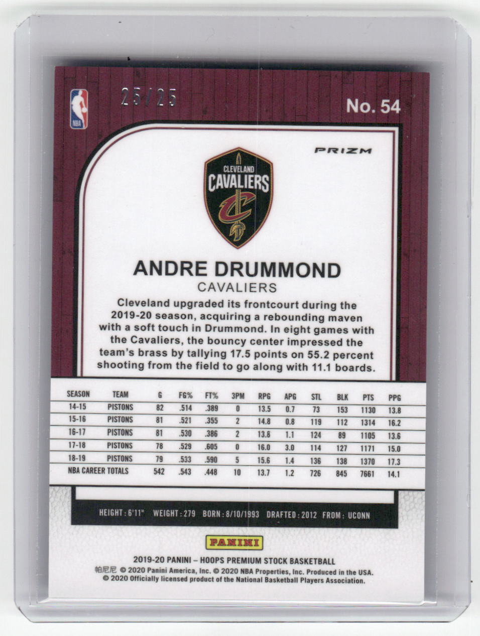 2019-20 ANDRE DRUMMOND Purple Cracked Ice 25/25 Hoops Cavs #54