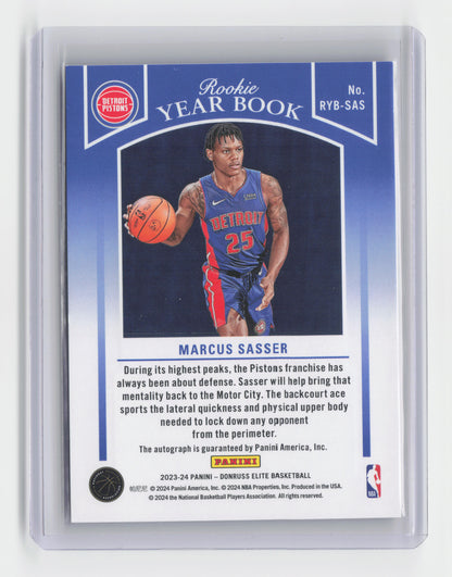 2023-24 MARCUS SASSER Rookie Yearbook Auto Gold 01/10 RC Elite Pistons