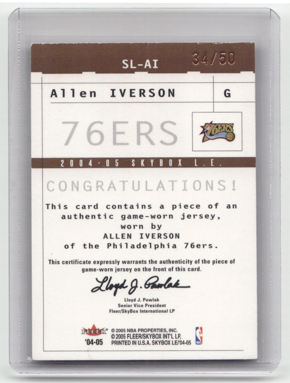 2004-05 ALLEN IVERSON Sky's The Limit Game Worn Jersey 34/50 Sky Box