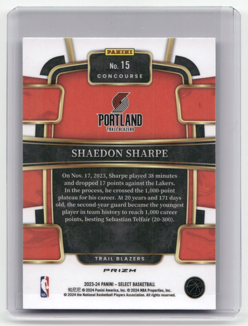 2023-24 SHAEDON SHARPE Tectonic Prizm Select Blazers #15