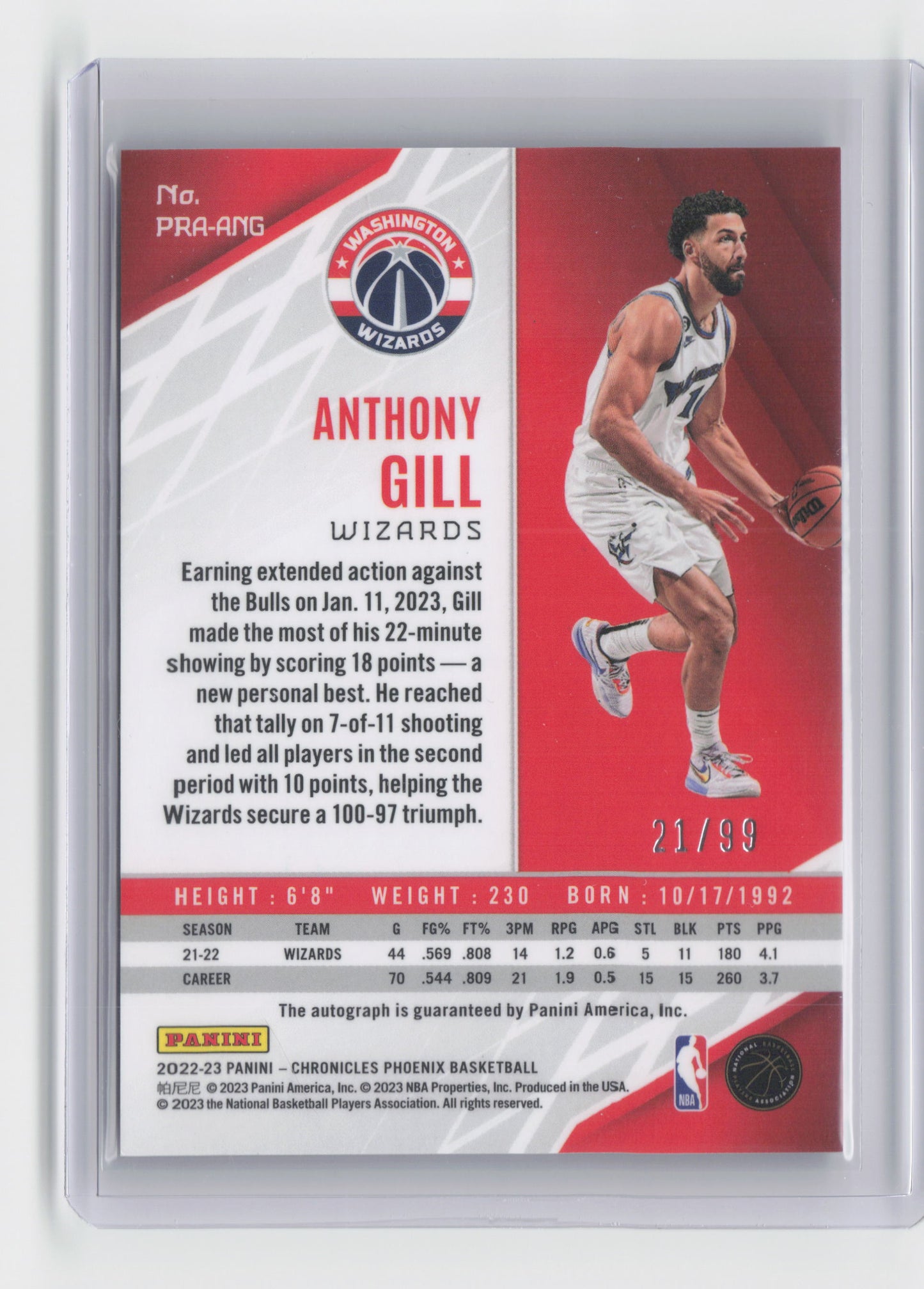 2022-23 ANTHONY GILL RC Autograph Red 21/99 Chronicles Wizards PRA-ANG
