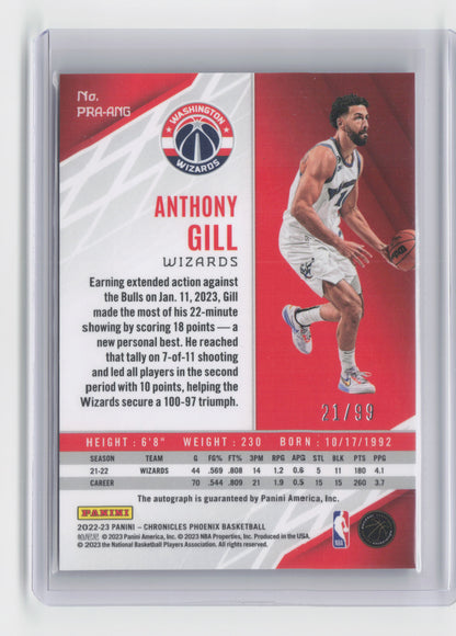 2022-23 ANTHONY GILL RC Autograph Red 21/99 Chronicles Wizards PRA-ANG