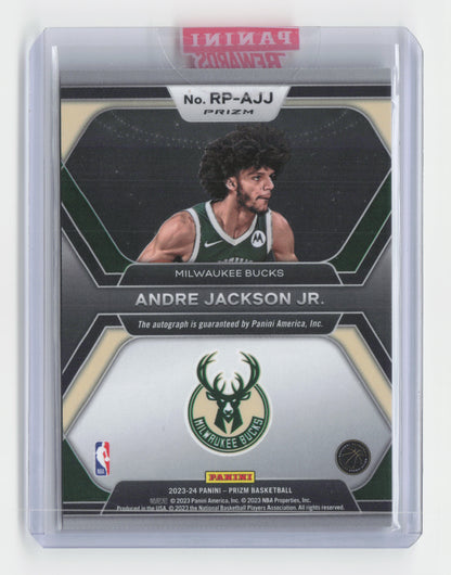 2023-24 ANDRE JACKSON JR. Penmanship RC Silver Auto Prizm Bucks #RP-AJJ