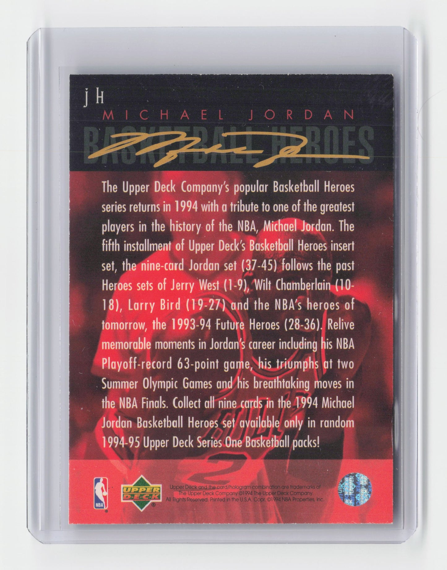 1994-95 MICHAEL JORDAN Header Card #JH Basketball Heroes Bulls