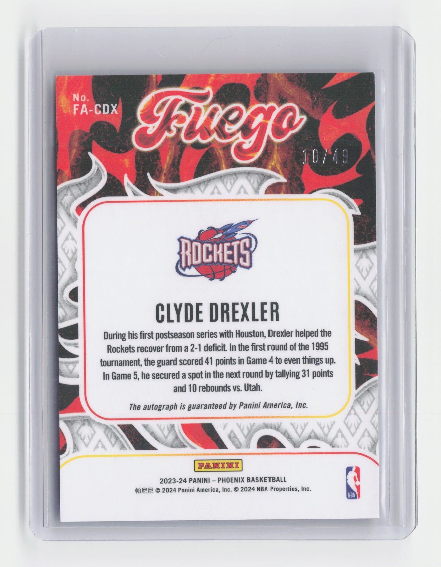 2023-24 CLYDE DREXLER Fuego Autograph 10/49 Phoenix Rockets #FA-CDX