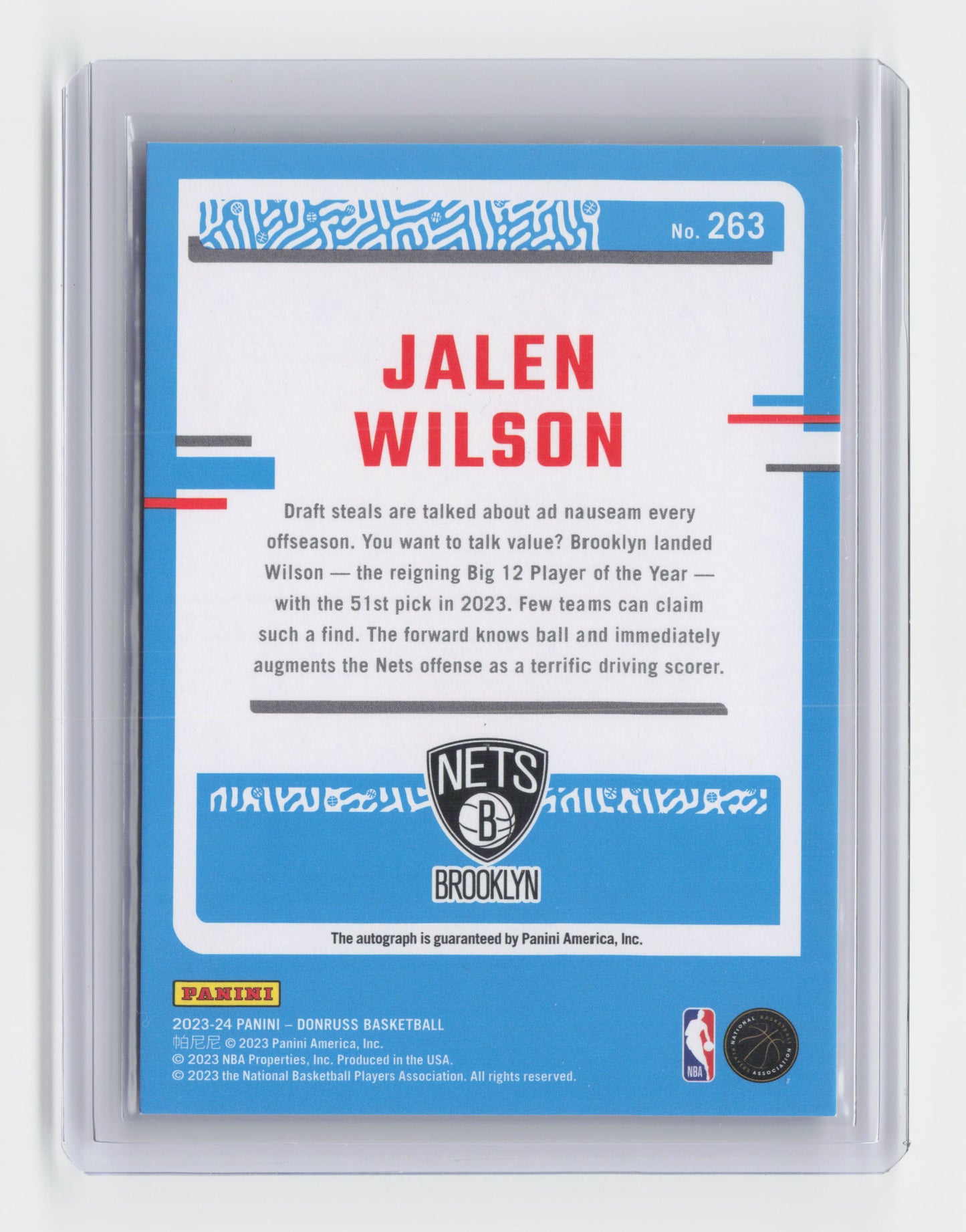 2023-24 JALEN WILSON Rated Rookie Autograph 38/75 Donruss Nets #263