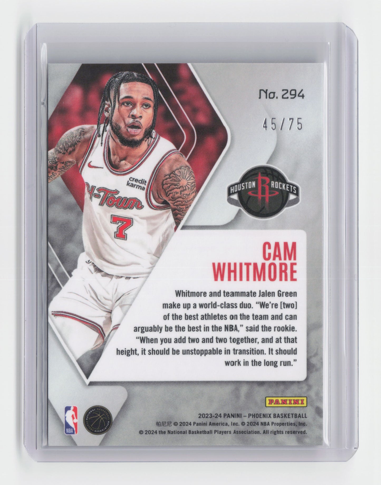 2023-24 CAM WHITMORE Rookie Lava Insert 45/75 - Phoenix - Rockets #294