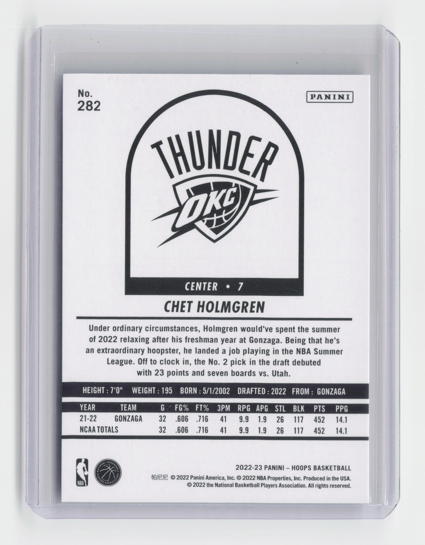 2022-23 CHET HOLMGREN - Rookie Insert - Hoops - OKC #282