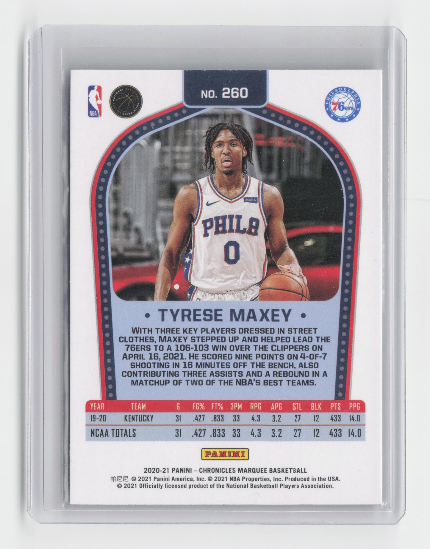 2020-21 - TYRESE MAXEY - Marquee Rookie Insert  - Chronicles - 76ers #260